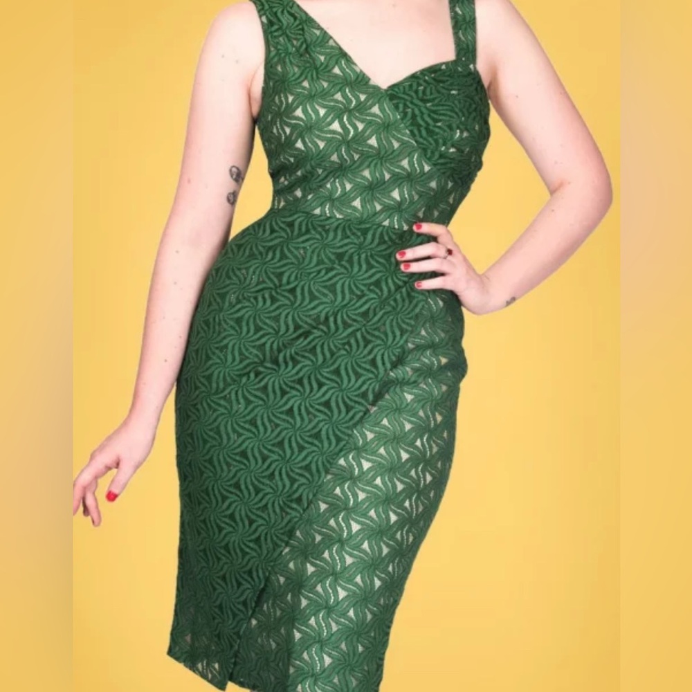 Rebel Love Clothing 50s Jungle Jive Lace Sarong Pencil Dress in Green